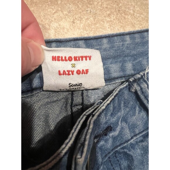 Hello Kitty Jeans Womens 28 Lazy Oaf Sanrio Blue Denim AOP Pants Apathetic Appar - Picture 4 of 13